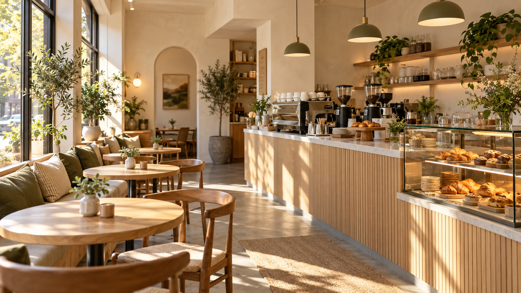 Warm café interior with a coffee counter and seating — THE DAILY CUP demo.