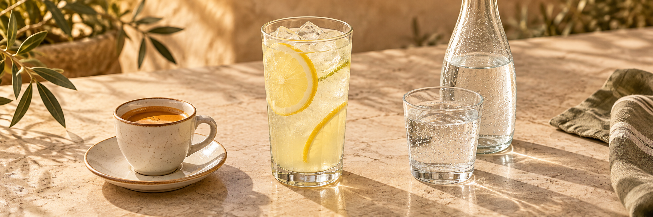 Espresso, homemade lemonade, and mineral water — LA PIAZZA demo.