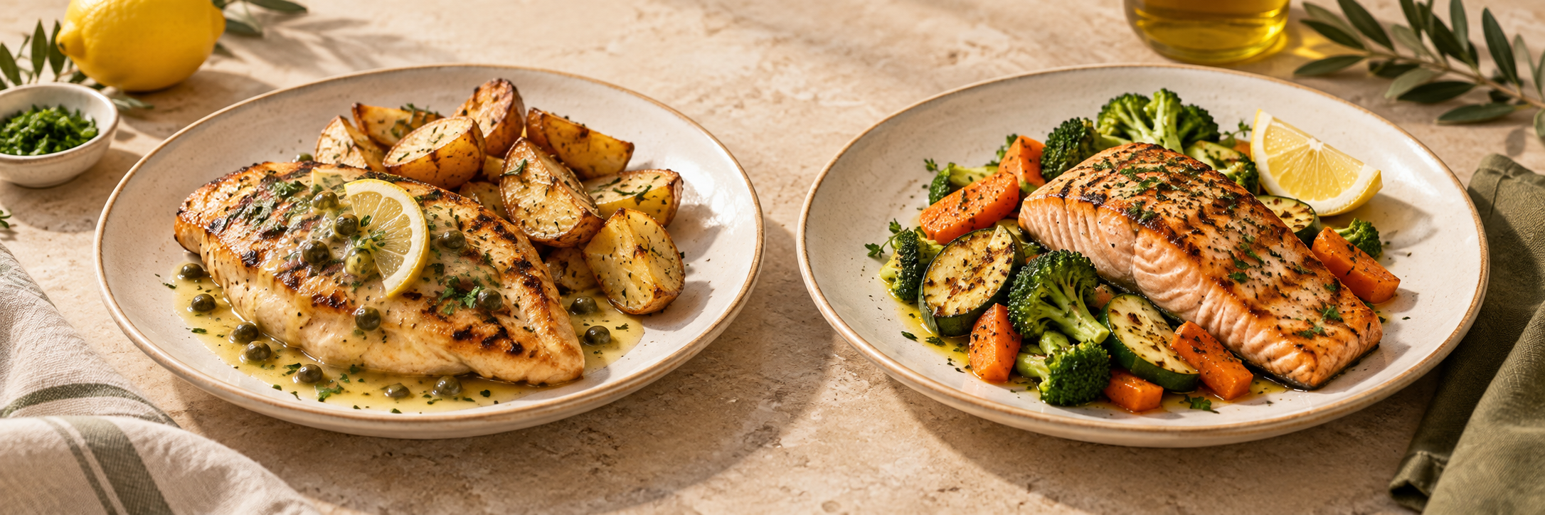 Lemon chicken with roasted potatoes and grilled salmon with vegetables — LA PIAZZA demo