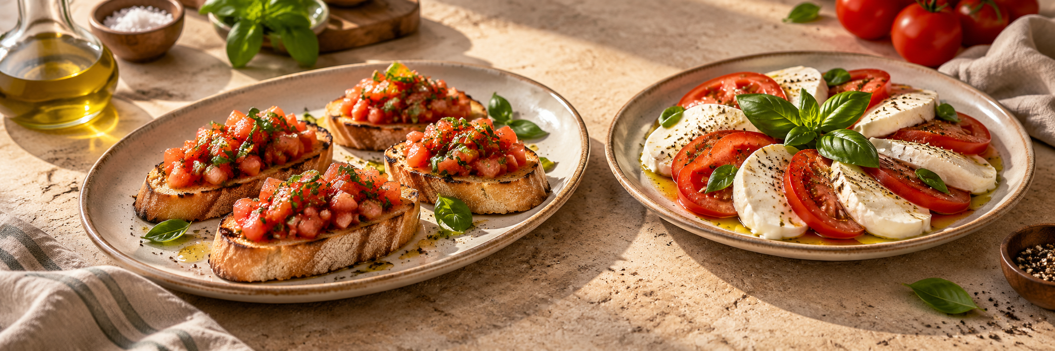 Bruschetta and caprese — illustrative starters for the LA PIAZZA demo.