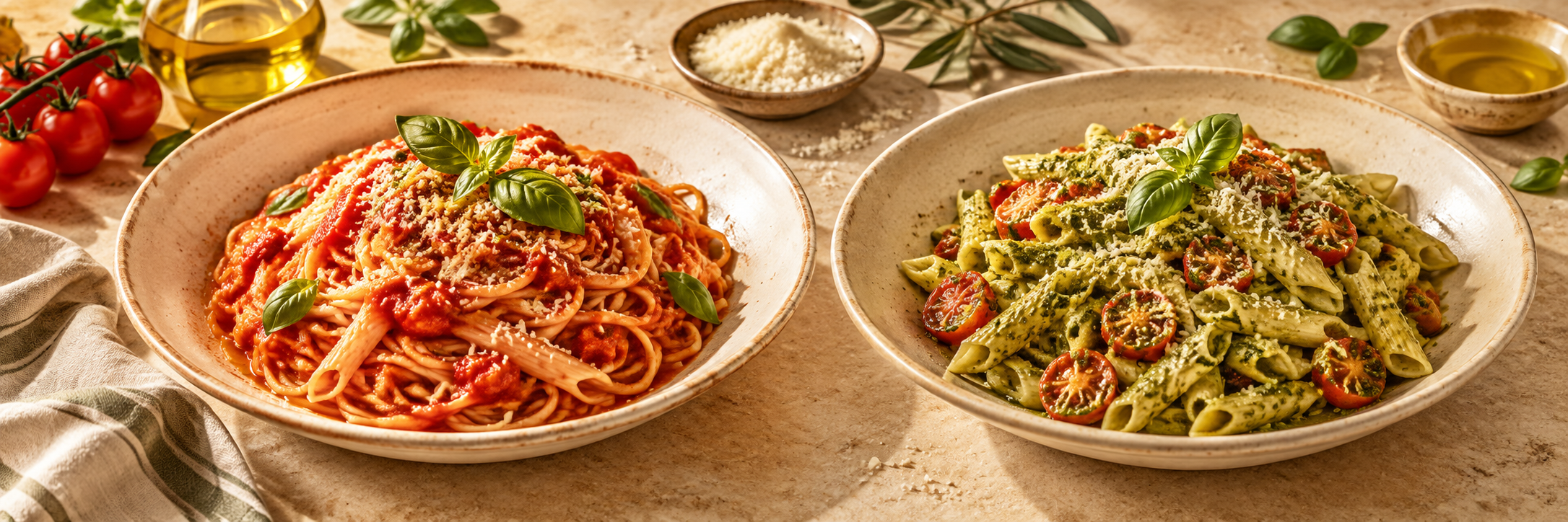 Spaghetti al pomodoro and penne al pesto — LA PIAZZA demo